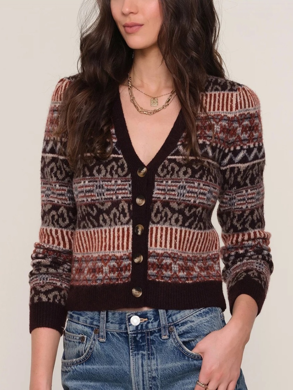 Heartloom Black, Brown and Cream Fair Isle Button Cardigan